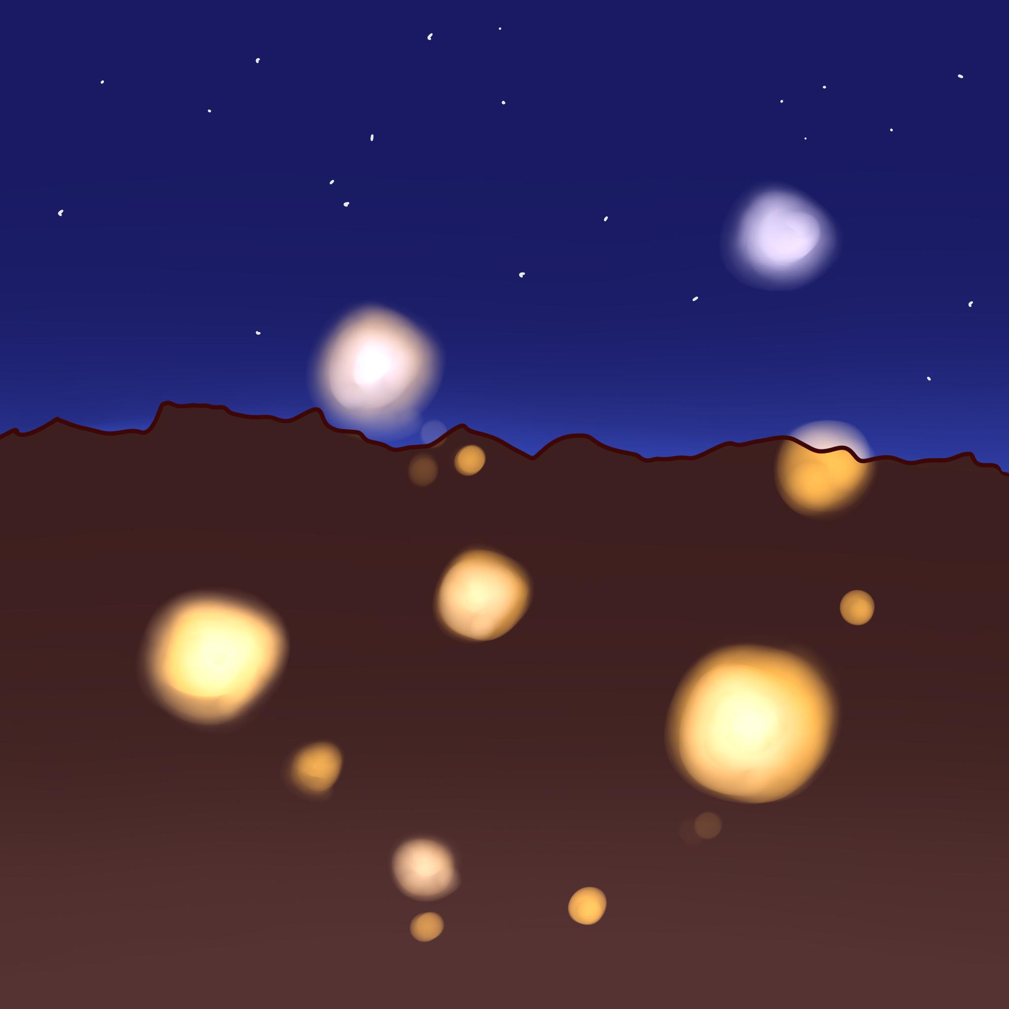  a desert at night with balls of glowing light hovering in it